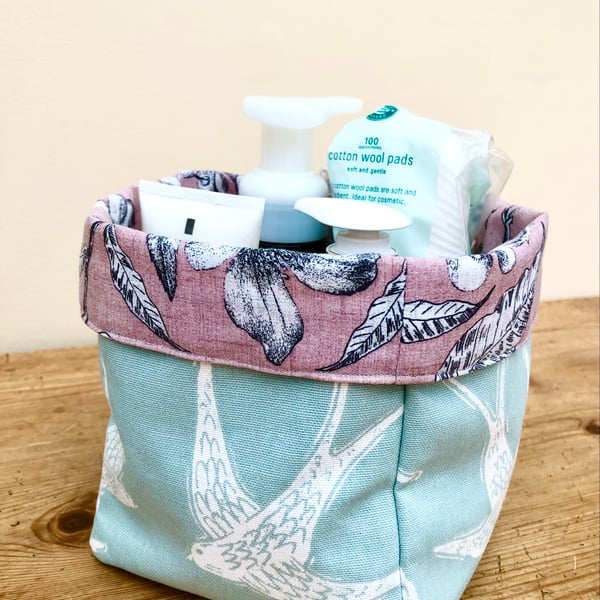 Birds and Leaves Reversible Fabric Storage Basket 