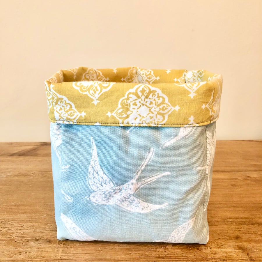 Duck Egg Blue and Yellow Reversible Fabric Storage Basket