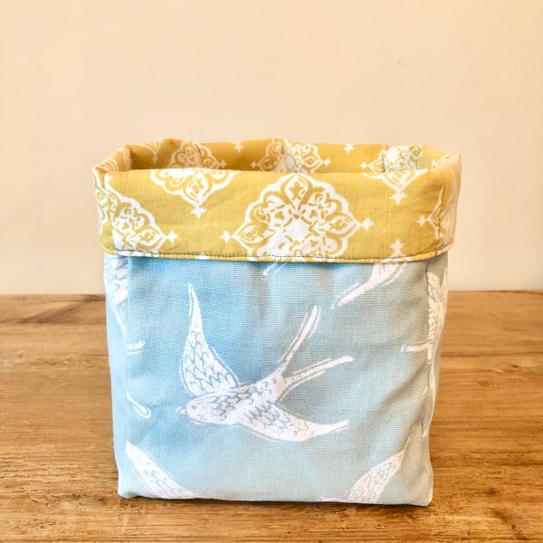 Duck Egg Blue and Yellow Reversible Fabric Storage Basket
