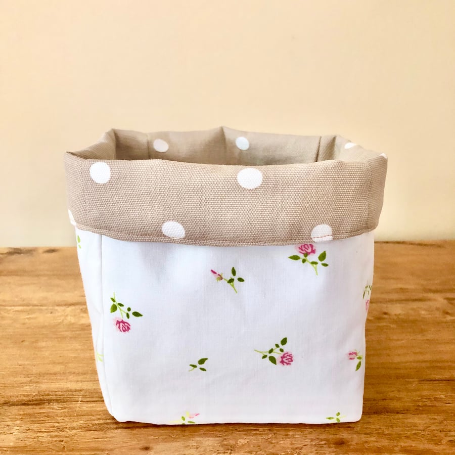 Polka Dot and Floral Reversible Fabric Storage Basket