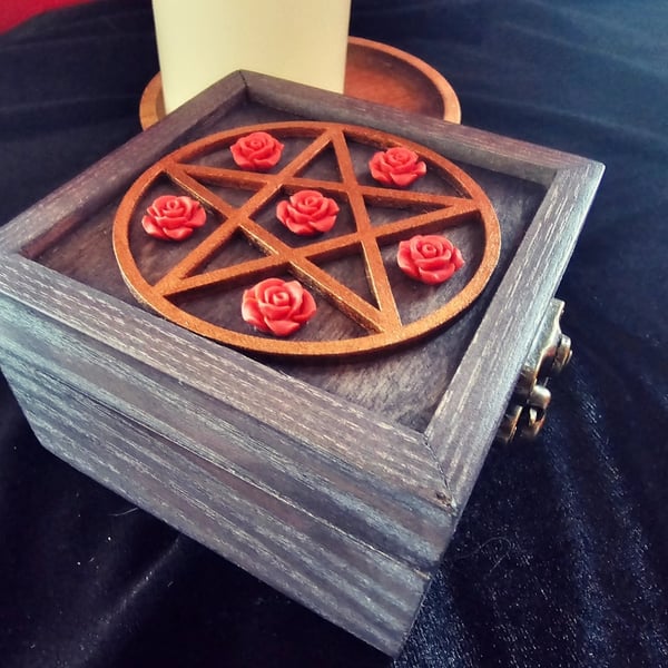 Pentagram & Roses handmade, one of a kind wood trinket, jewellery, keepsake box