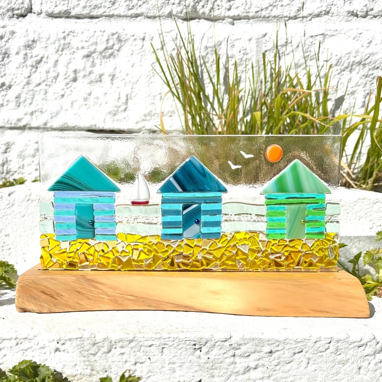Beach Huts - Fused Glass Panel set in Hand Crafted Wood Holder