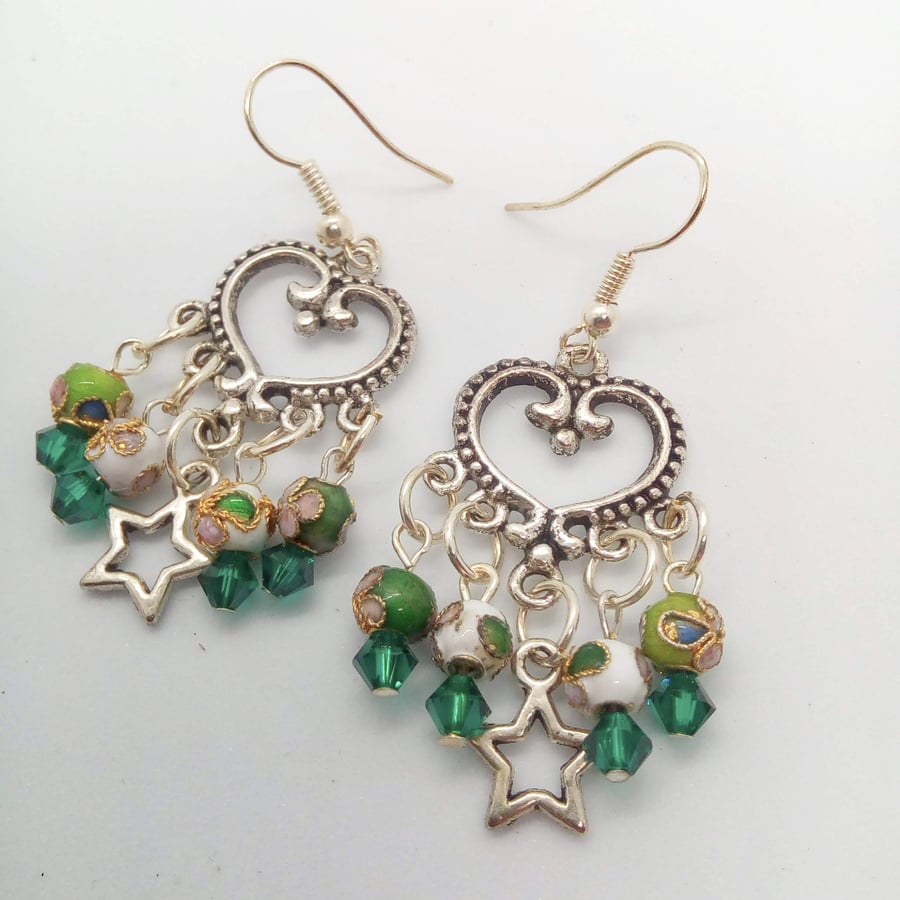 Green and White Cloisonné Bead Crystal and Star Chandelier Earrings