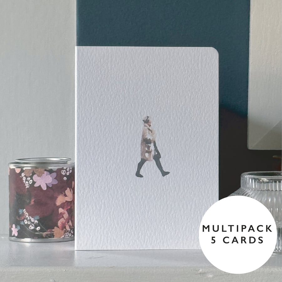 Woman walking with headphones lady card  (5-pack)