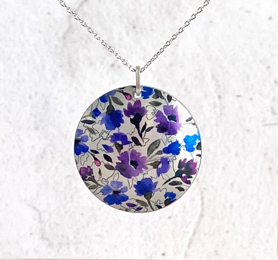 Purple necklace, 32mm floral disc pendant, handmade jewellery. (340)