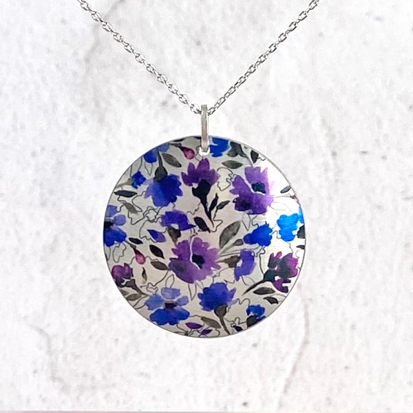 Purple necklace, 32mm floral disc pendant, handmade jewellery. (340)