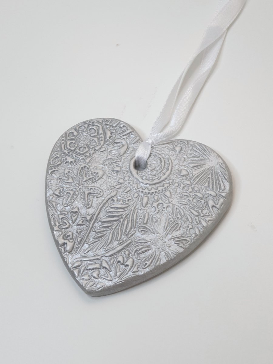 Silver heart clay hanging decoration, 25th anniversary gift idea
