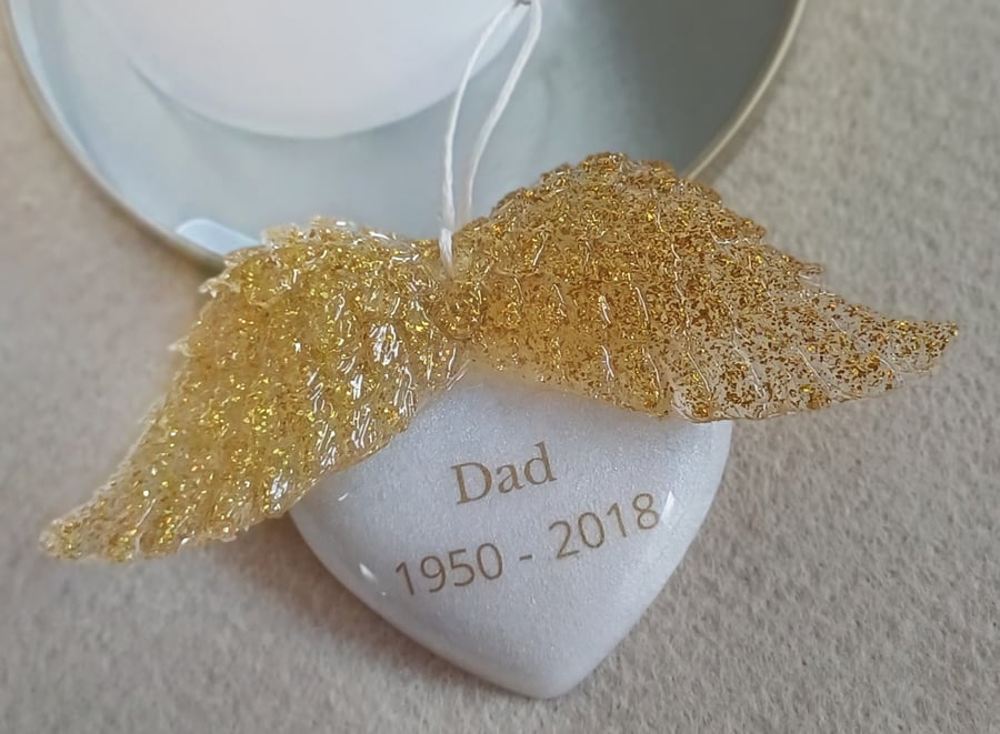 Personalised Angel Wings Memorial Heart Hanging - Remembrance Keepsake