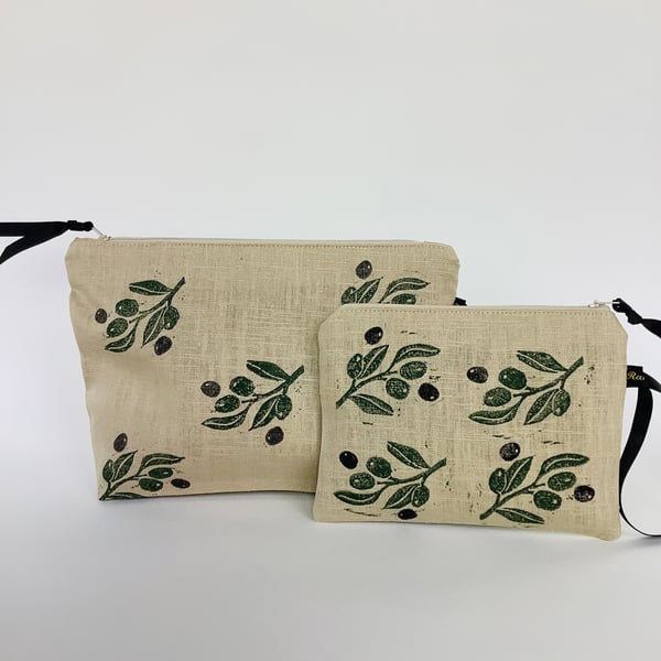 Linen Makeup Bag Mediterranean Olives Print; Hand printed Clutch Bag