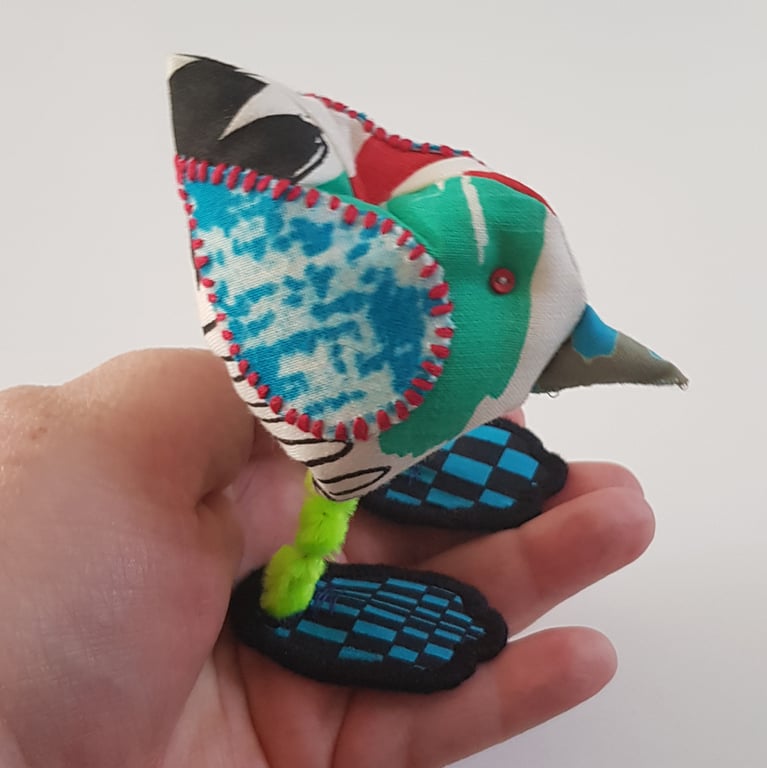 Multicoloured Freestanding Fabric Bird Ornament - Textile Folk Art Decor