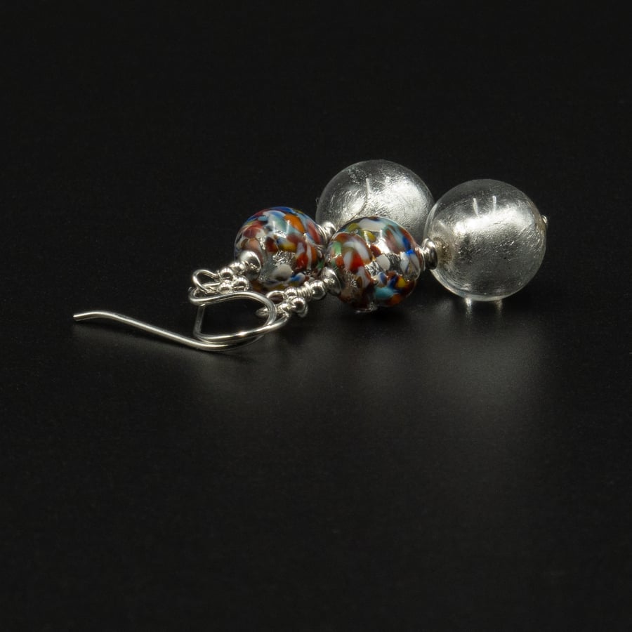 Murano multi colour sterling silver Venetian glass handmade drop earrings.