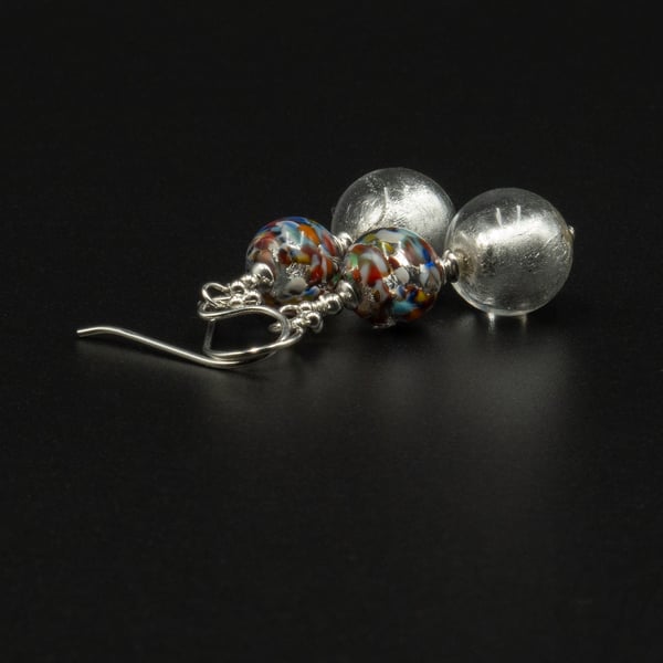 Murano multi colour sterling silver Venetian glass handmade drop earrings.