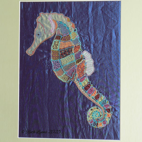 Textile Art Free Machine Embroidery patterned sea horse picture.