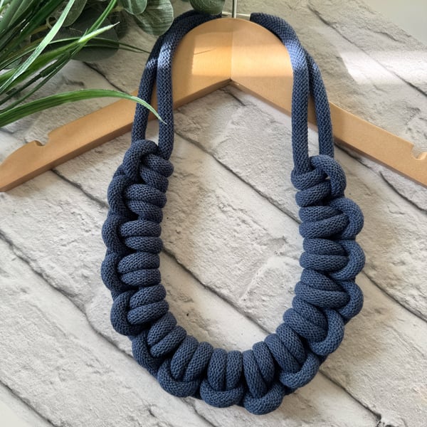 Chunky Woven Cotton Cord Necklace - Navy Blue