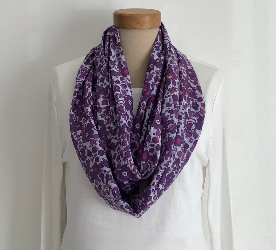 100% Fine COTTON  lawn infinity scarf. ' Flora'. Purple , white . 