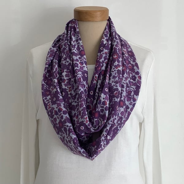 100% Fine COTTON  lawn infinity scarf. ' Flora'. Purple , white . 