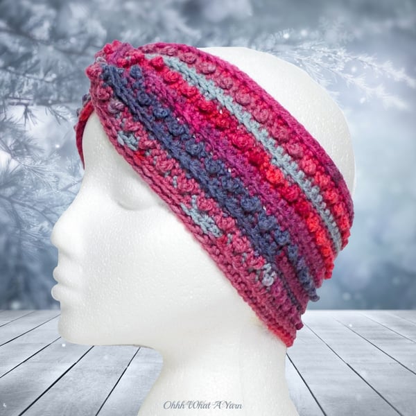 Crochet headband, ear warmer. Berry shades crochet twist headband. 