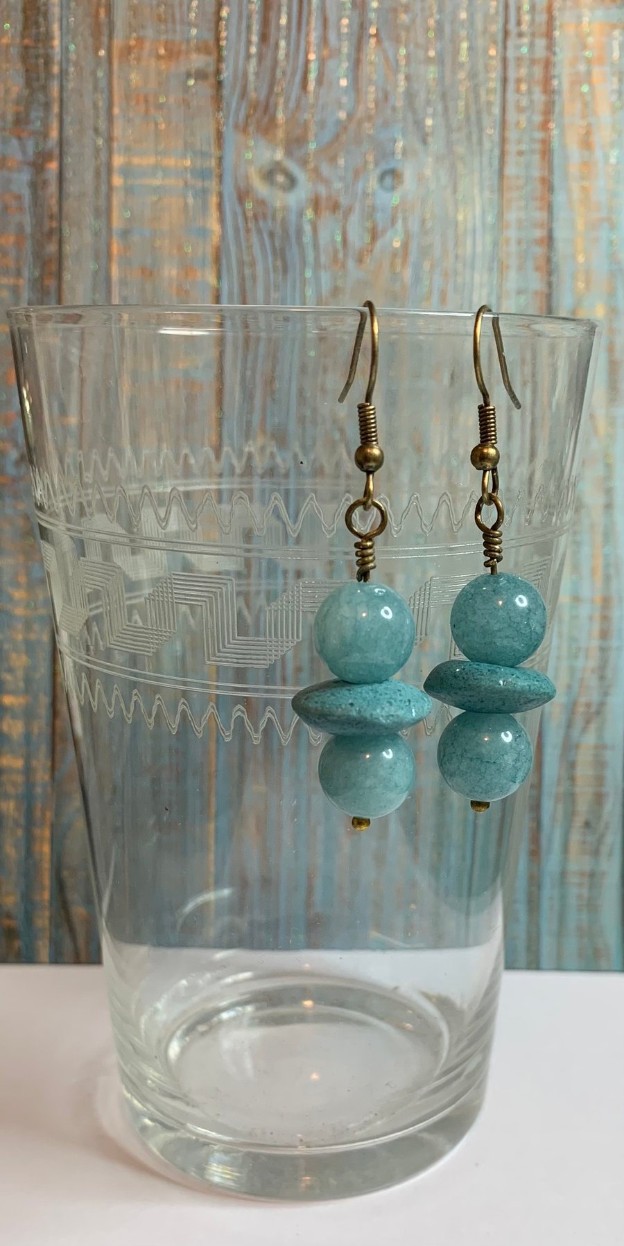 Blue Chalcedony and Teal Ashanti glass earrings.