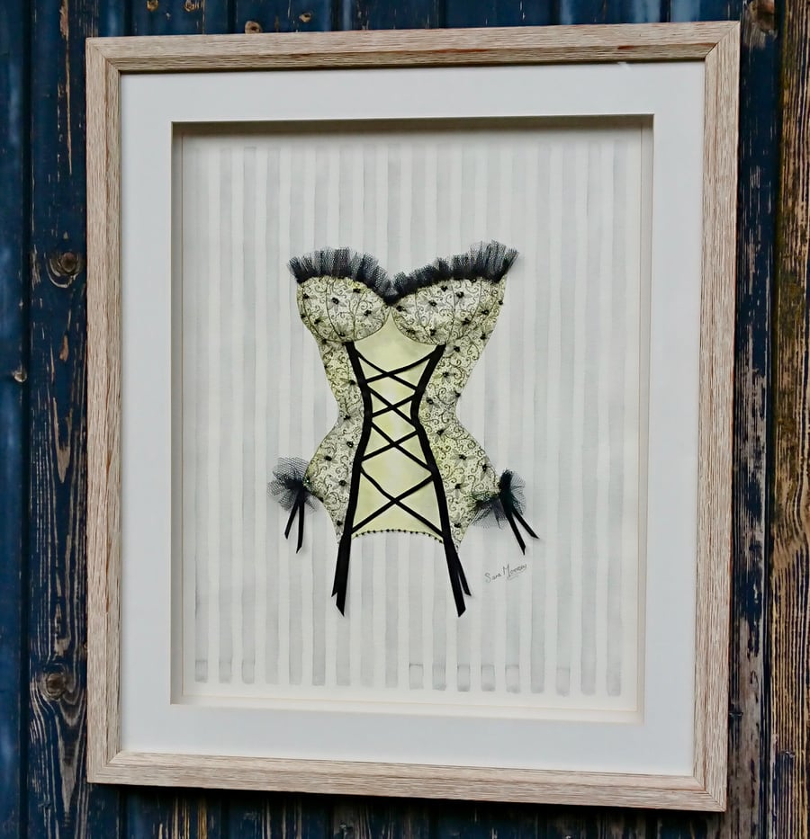 Yellow and black corset watercolour painting with bead-work, net and ribbon