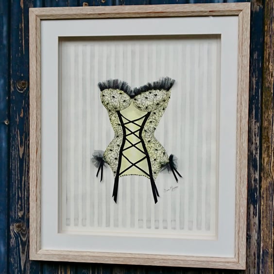 Yellow and black corset watercolour painting with bead-work, net and ribbon