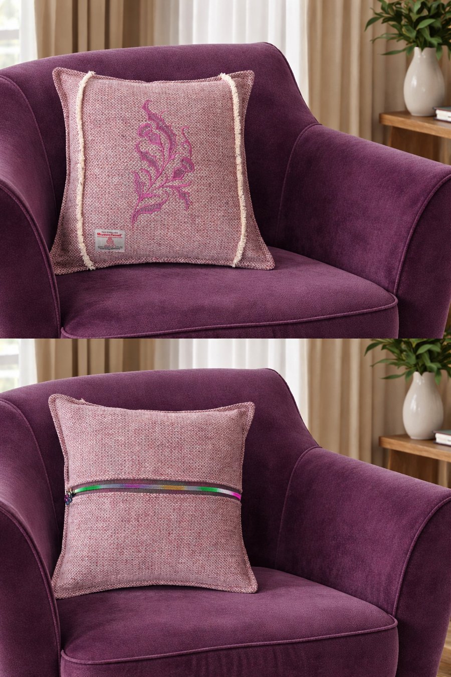 Harris Tweed Cushion 14" x 14" with Thistle Embroidery and enclosed pad