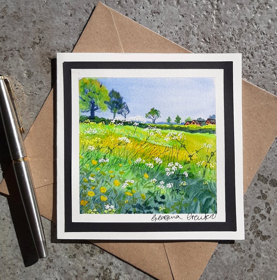 Blank Card. Buttercups and Cow Parsley. Handpainted Watercolour. Keepsake