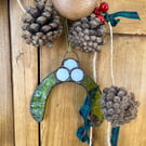 Mistletoe stained glass Christmas decoration - green textured glass