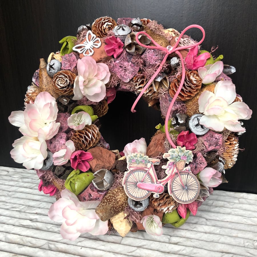 Pink floral blossom wreath with bicycle , rustic country home wall hanging 