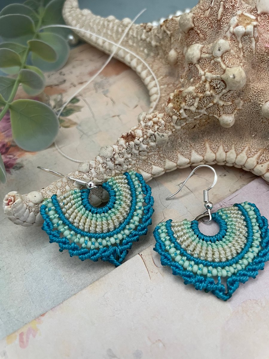 boho earrings handmade micro macrame beaded fan shape earrings, gift for her, 