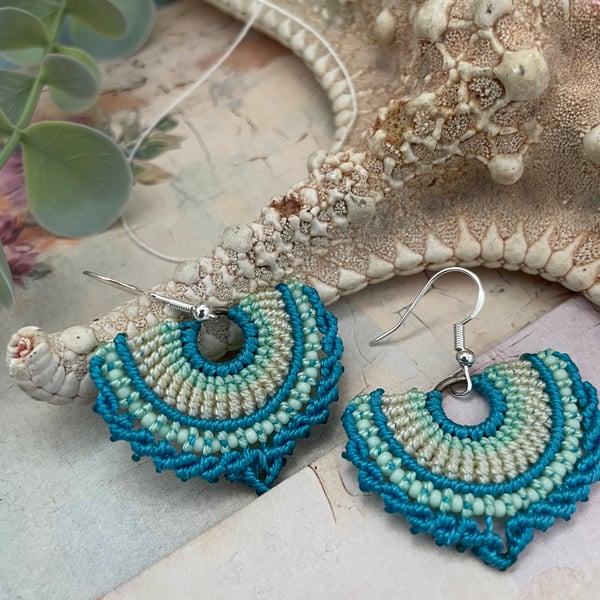 boho earrings handmade micro macrame beaded fan shape earrings, gift for her, 