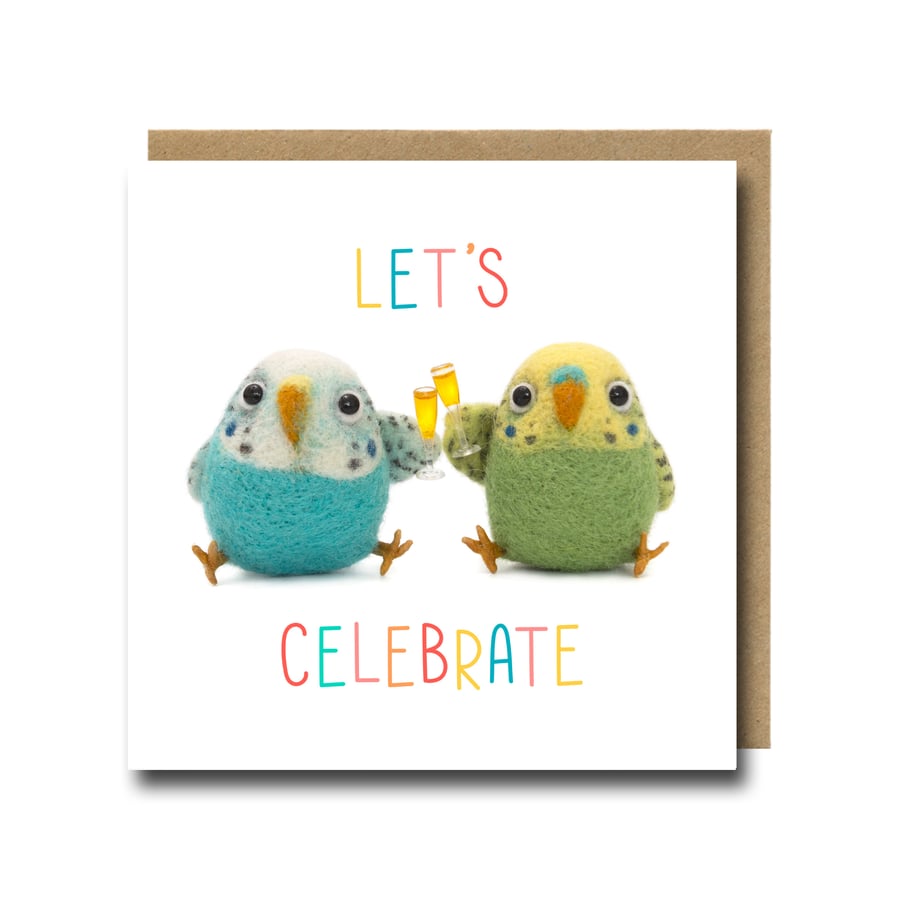 Budgie Pair Congratulations Card – Colourful Needle Felt Bird Art Print