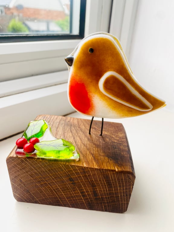 Fused glass robin Xmas ornament figure with glass holly 