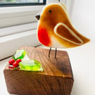 Fused glass robin Xmas ornament figure with glass holly 