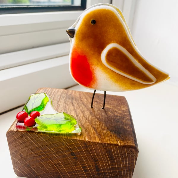 Fused glass robin Xmas ornament figure with glass holly 