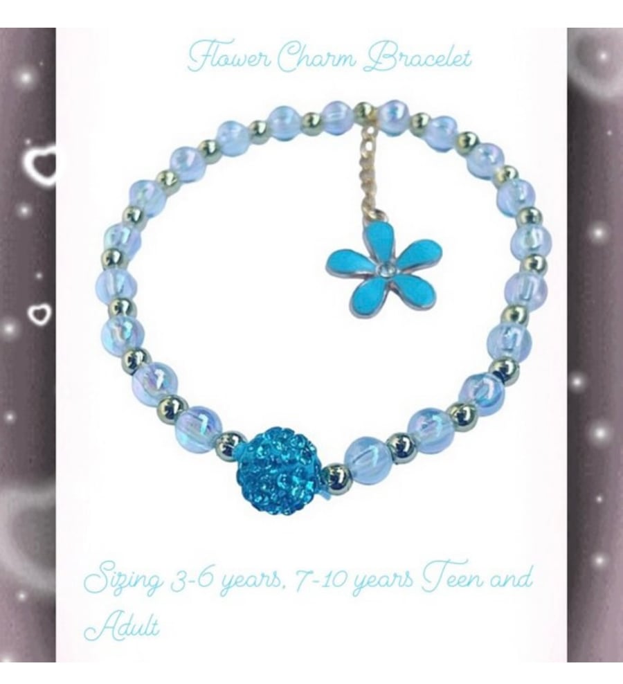 Light blue flower ab crystal charm bracelet toddler adult kids sizes gift 