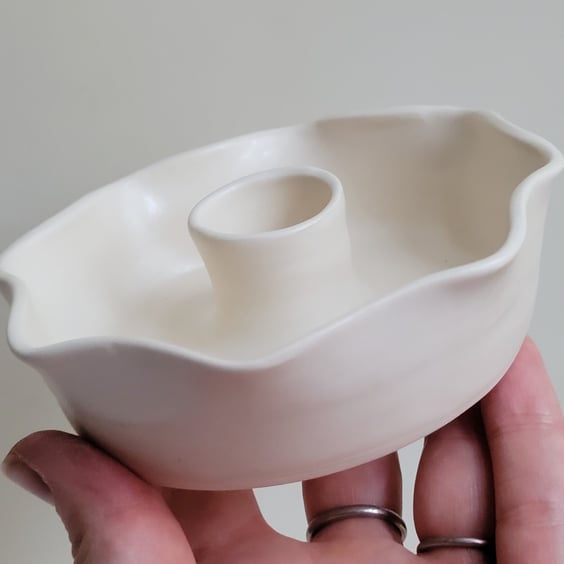 White pottery candle holder with fluted scalloped rim , hand thrown pottery gift