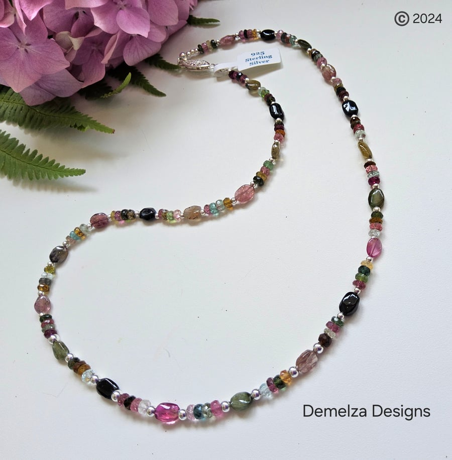 Designer Watermelon Tourmaline Dainty Sterling Silver Necklace ONE OFF