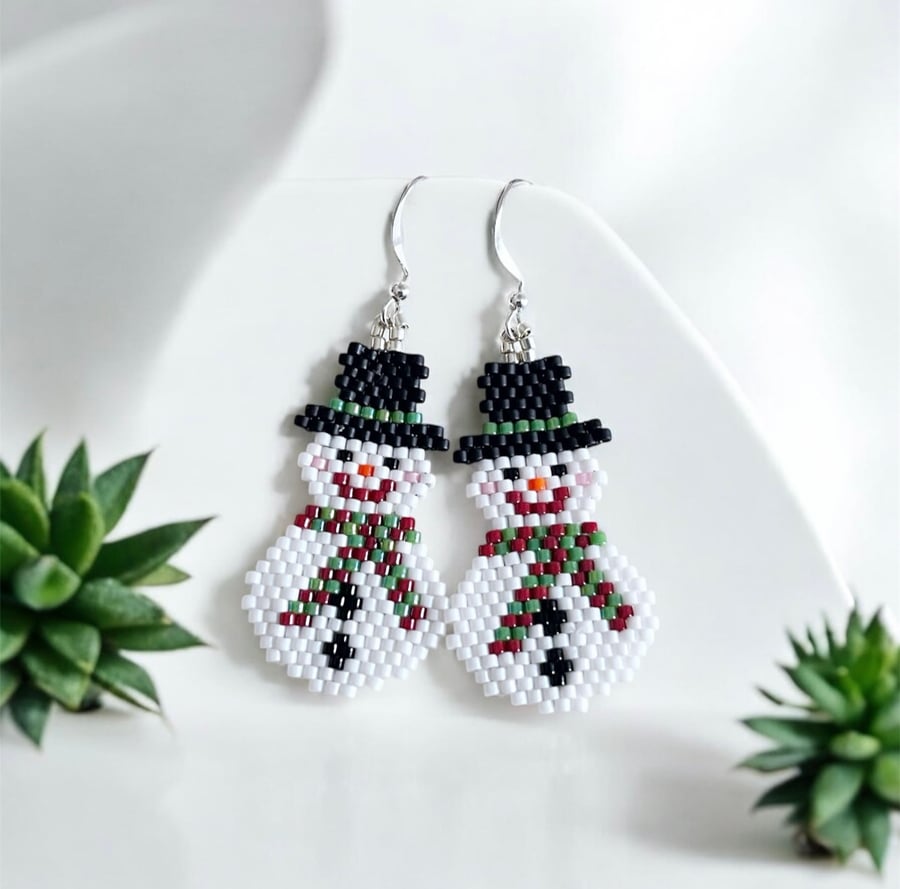 Christmas Snowman beadwork earrings 