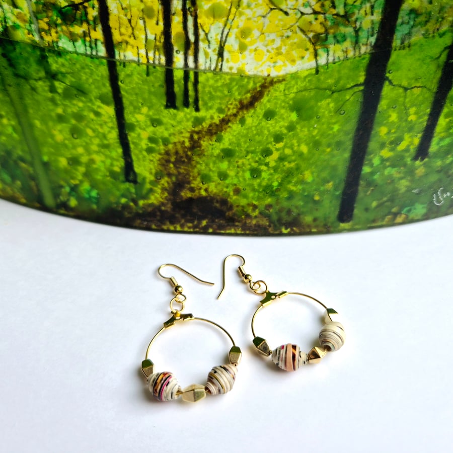 Small gold plated hoop earrings with paper beads