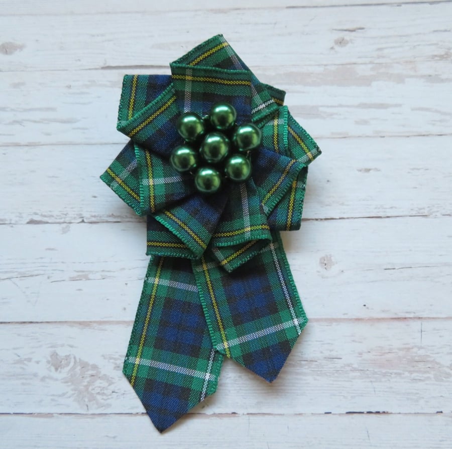 Campbell Green Tartan Ruffle Rosette Mini Brooch Pin Scottish Highland