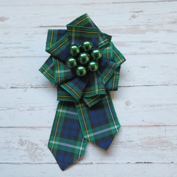 Campbell Green Tartan Ruffle Rosette Mini Brooch Pin Scottish Highland