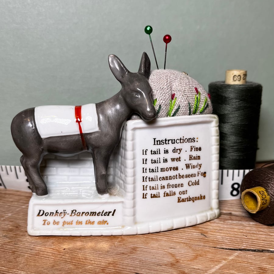 Pin cushion - donkey barometer - embroidered with bee and flowers