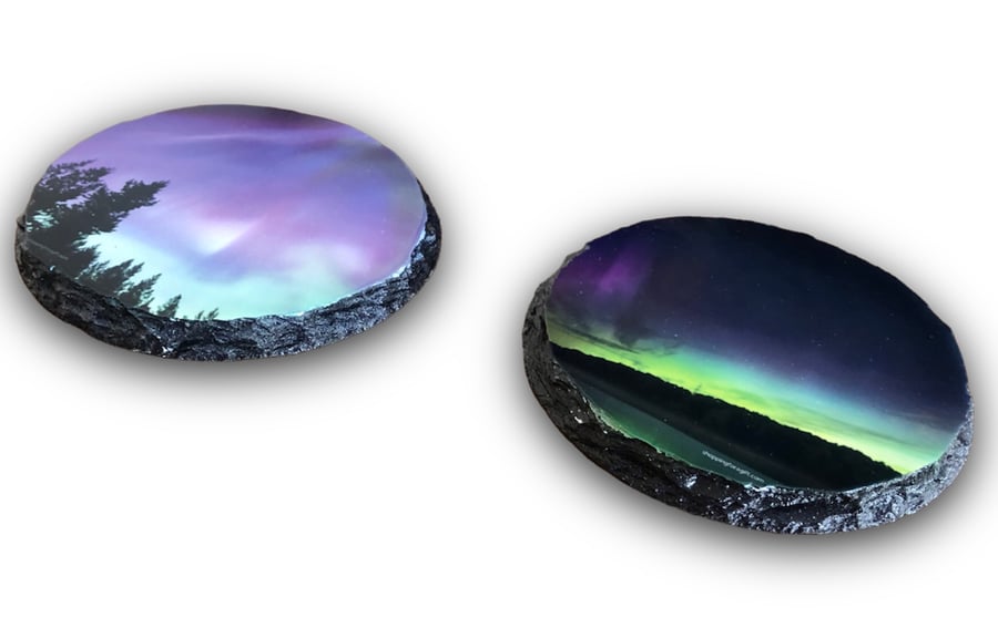 Northern Lights Round Rock Slate Coasters Set Of 2 Aurora Borealis Gift.