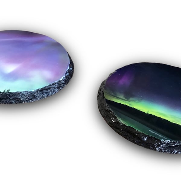 Northern Lights Round Rock Slate Coasters Set Of 2 Aurora Borealis Gift.