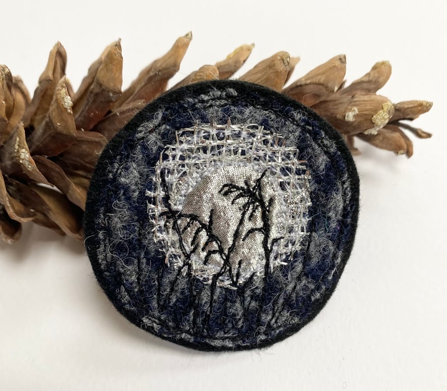 Upcycled full moon garden brooch pin or badge. 