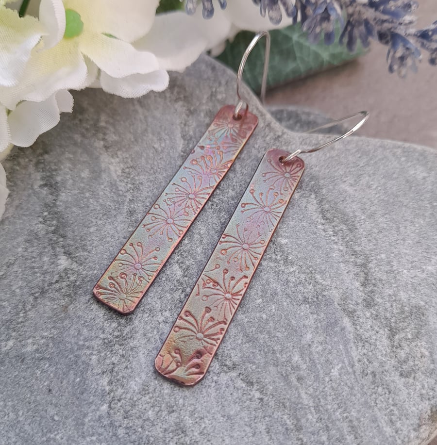 Oxidised Copper and Sterling Silver Earrings With Stamped Dandelion Detail