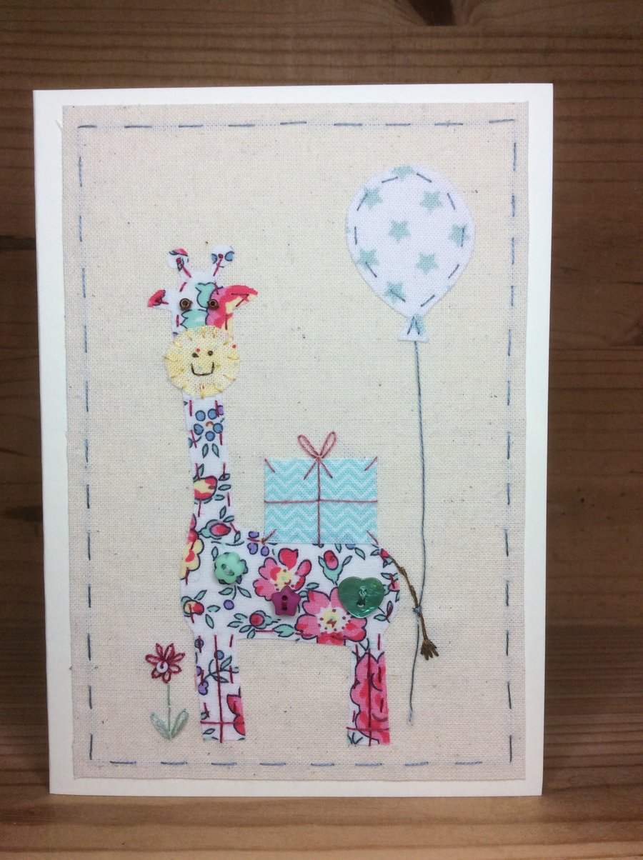 Gertie Giraffe hand embroidered card