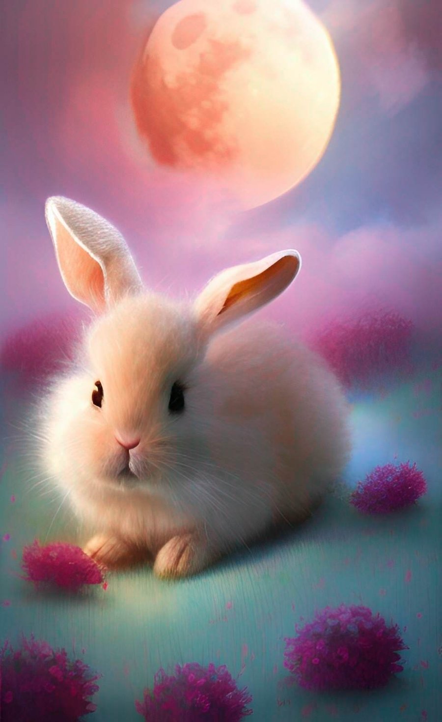 Cute White Bunny With Flowers On A Pink Moon A4... - Folksy