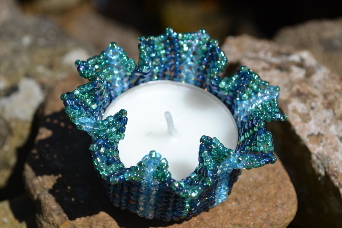 Blue and Green Beadwork Tealight Holder