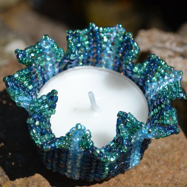 Blue and Green Beadwork Tealight Holder